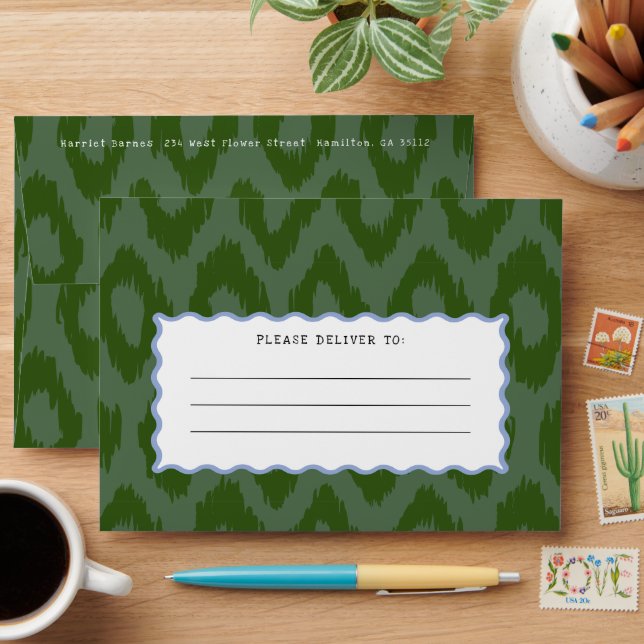 Quirky Green Ogee Pattern and Blue Wavy Line Envelope (Desk)