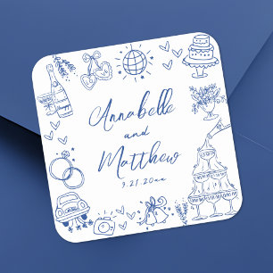 Quirky Hand Drawn Blue Whimsical Wedding Square Sticker
