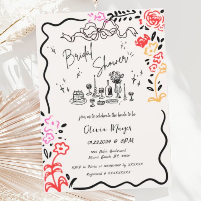 Quirky Hand Drawn Bow Scribble Wavy Bridal Shower Invitation (Creator Uploaded)