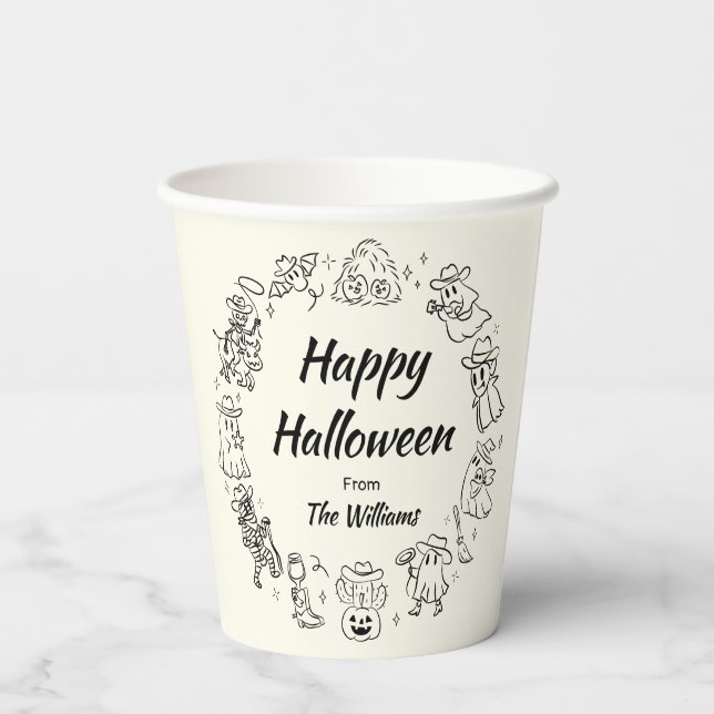 Quirky Hand Drawn Doodles  Cowboy Happy Halloween Paper Cups (Back)
