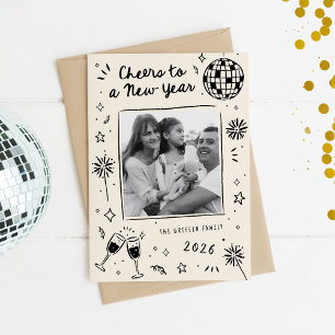 Quirky Hand-Drawn Doodles New Year Photo Black Holiday Card