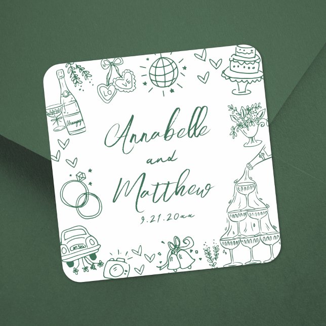 Quirky Hand Drawn Emerald Green Whimsical Wedding Square Sticker (Quirky Hand Drawn Emerald Green Whimsical Wedding Square Sticker)