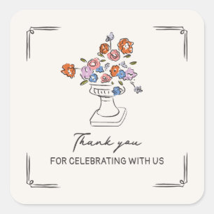 Quirky Hand Drawn Floral Urn Bridal Shower Square Sticker