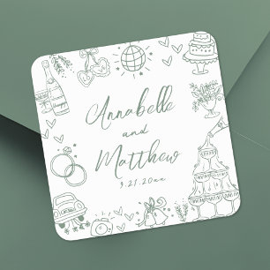 Quirky Hand Drawn Green Whimsical Wedding Square Sticker