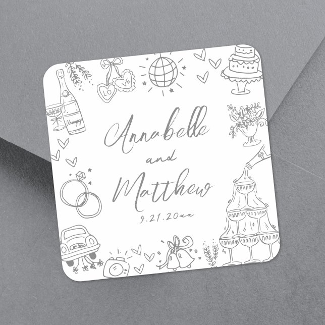 Quirky Hand Drawn Grey Whimsical Wedding Square Sticker (Quirky Hand Drawn Gray Whimsical Wedding Square Sticker)
