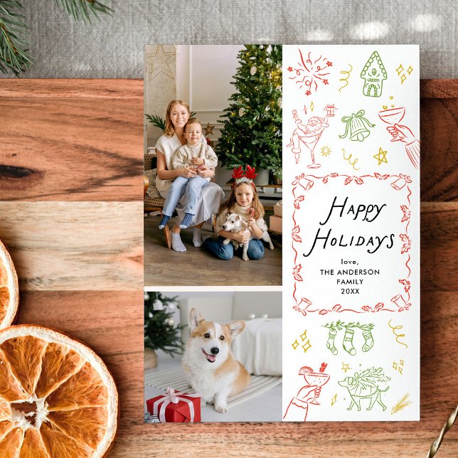 Quirky Hand Drawn Icons Happy Holidays 2 Photo Holiday Card (Creator Uploaded)