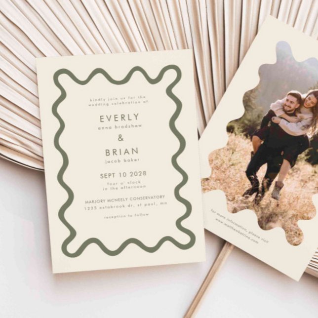 Quirky Hand Drawn Line Olive Green Wedding Invitation (Creator Uploaded)