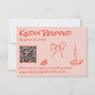 Quirky Hand Drawn Pink Red Unique QR Code Wedding RSVP Card