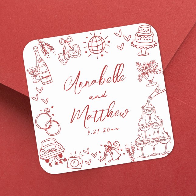 Quirky Hand Drawn Red Whimsical Wedding Square Sticker (Quirky Hand Drawn Red Whimsical Wedding Square Sticker)