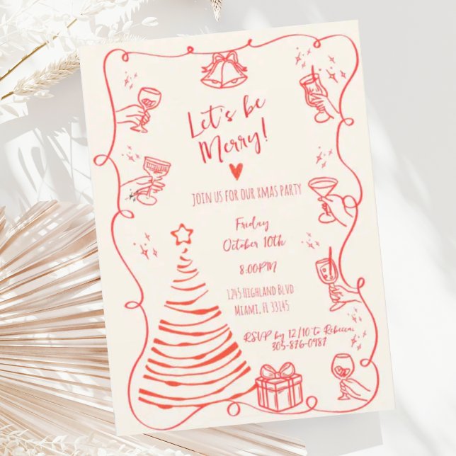 Quirky Hand Drawn Squiggle Red Christmas Party Invitation (Creator Uploaded)
