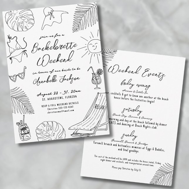 Quirky Hand Drawn Tropical Beach Bachelorette Invitation (Quirky Hand Drawn Tropical Beach Bachelorette Invitation)