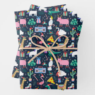 Quirky Holiday Animals and Icons Pattern Wrapping Paper Sheet
