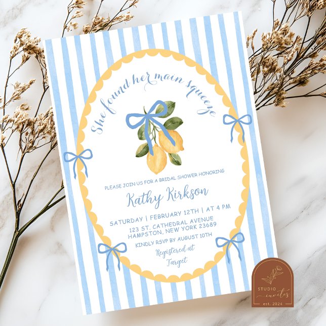 Quirky Illustration Blue Bow Lemon Italian Bridal Invitation (Creator Uploaded)