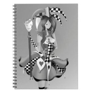 Quirky Jester and Puppet King Grey Monochrome Notebook