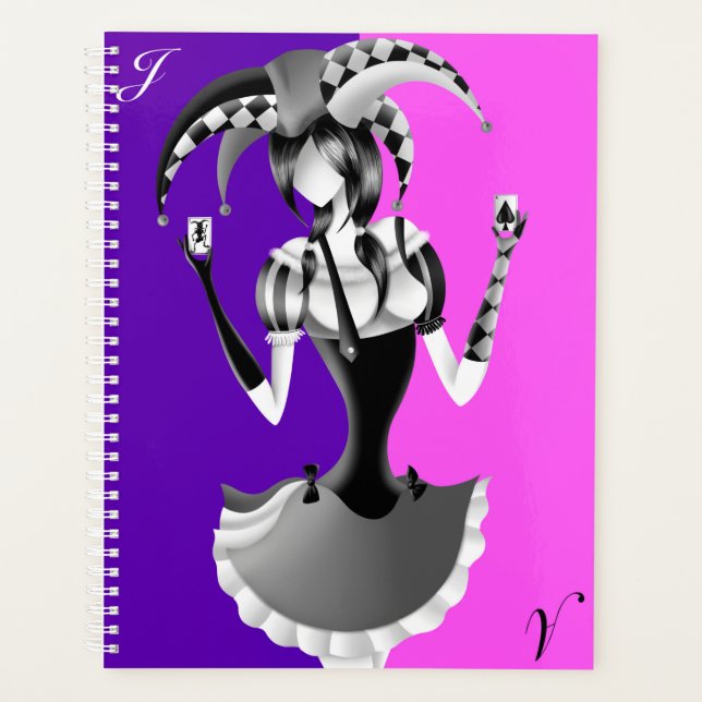 Quirky Jester Holding two Playing Cards Planner (Front)