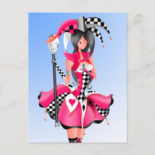 Quirky Jester & Puppet King Pink Postcard (Front)