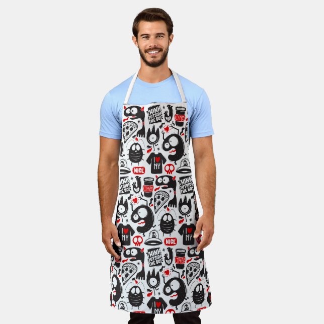 Quirky Kitchen: Cartoon Monster Doodle Apron  (Worn)