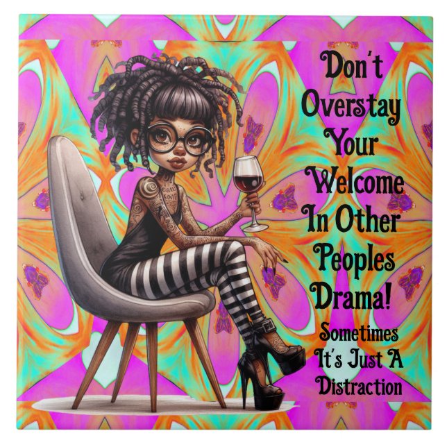 Quirky Lady Tattoos & Wine Drama Ceramic Tile (Front)