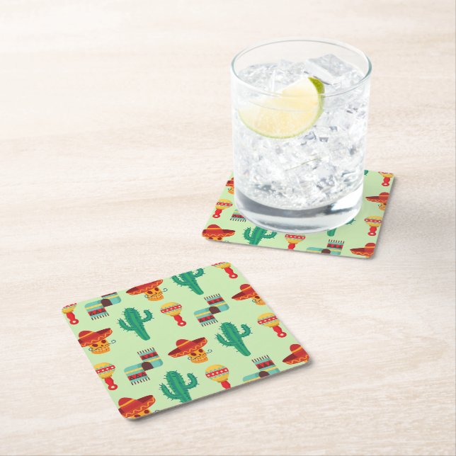 Quirky Mexican Cactus and Sombrero Pattern Square Paper Coaster (Insitu)