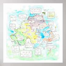 Quirky Northern Ireland map with sayings.