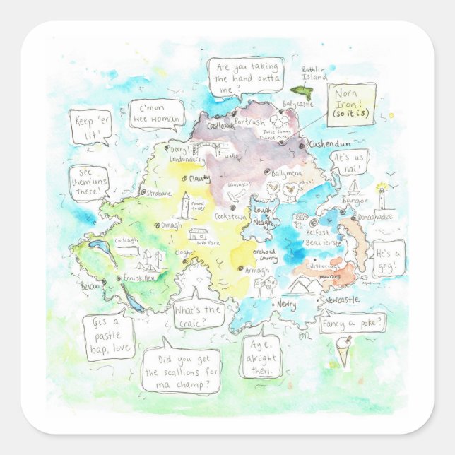 Quirky Northern Ireland map with sayings. Square Sticker (Front)