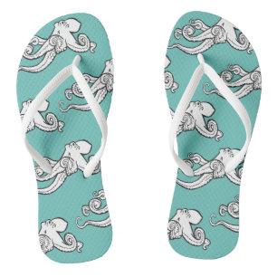 Quirky Octopus Sketches Pattern Teal Jandals