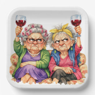 Quirky Old Ladies with Red Wine Paper Plate