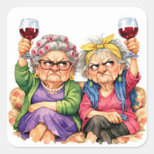 Quirky Old Ladies with Red Wine Square Sticker