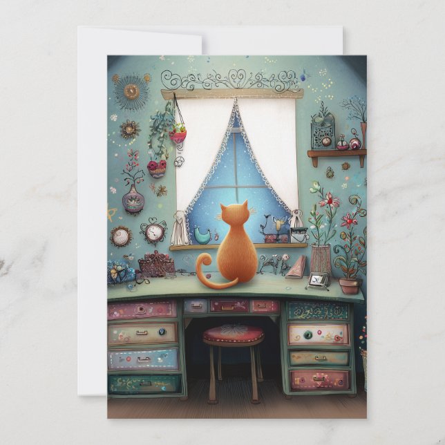 Quirky Orange Cat at a Window Hello Flat Card (Front)