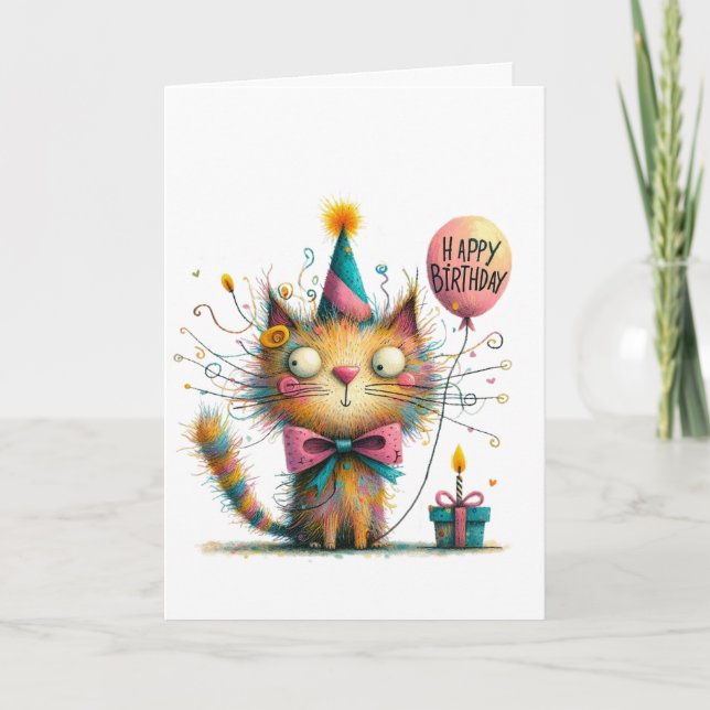 Quirky Orange Cat with Party Hat and Cake Birthday Card (Front)