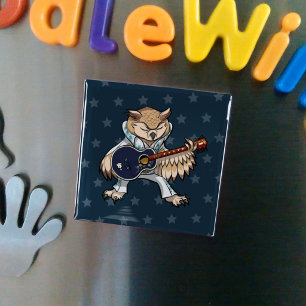Quirky Owl Rock & Roll Artwork Singer With Guitar Magnet
