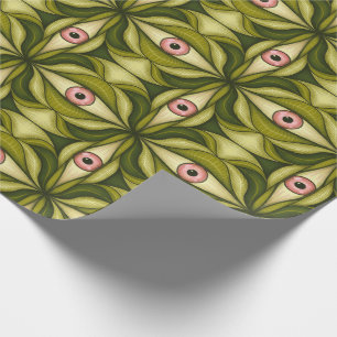 Quirky Pink Eyes And Green Botanicals Pattern Wrapping Paper