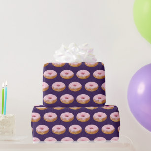 Quirky Pink Glazed Doughnuts Pattern Purple Wrapping Paper