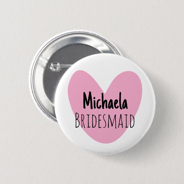 Quirky pink heart bridesmaids name buttons (Front & Back)