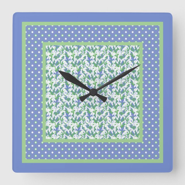 Quirky Polka Dots and Snowdrops on Blue Border Square Wall Clock (Front)