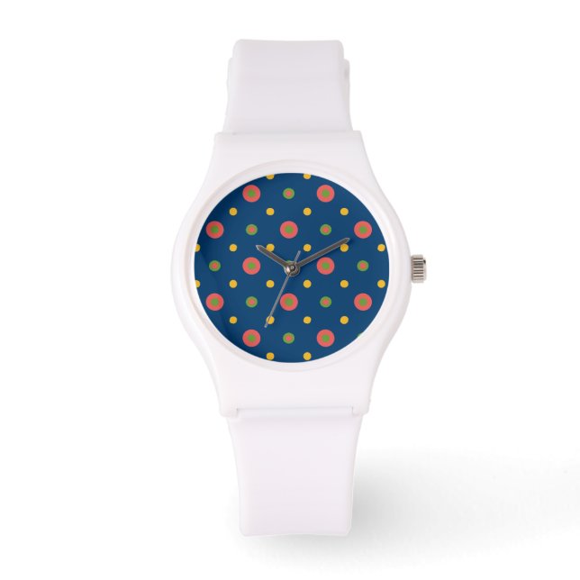 Quirky Polka Dots on Navy Blue Sporty Wristwatch (Front)