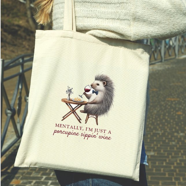Quirky Pun Porcupine Sippin' Wine Funny Wine Lover Tote Bag (Funny Porcupine Wine Tote - Perfect Gift for Quirky Wine Lovers and Cute Silly Fashion Statements)