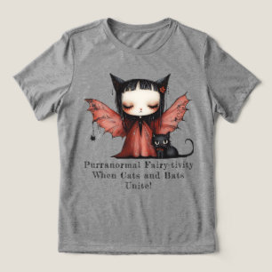 Quirky Purranormal Halloween Fairy Cat & Bat Unite Tri-Blend Shirt