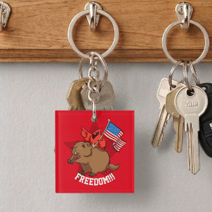 Quirky Red Cardinal & Groundhog Freedom! Cartoon Key Ring