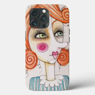 Quirky Red Hair Girl Art Illustration Blue Stripes iPhone 13 Pro Case