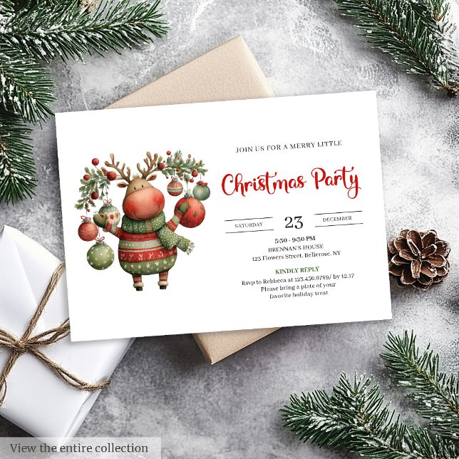 Quirky Reindeer watercolor holiday party invites (Quirky Reindeer watercolor holiday party invitation)