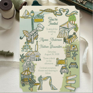 Quirky Riverside City Illustrated Wedding Invite