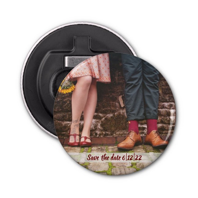 Quirky save the date custom photo bottle opener (Front)