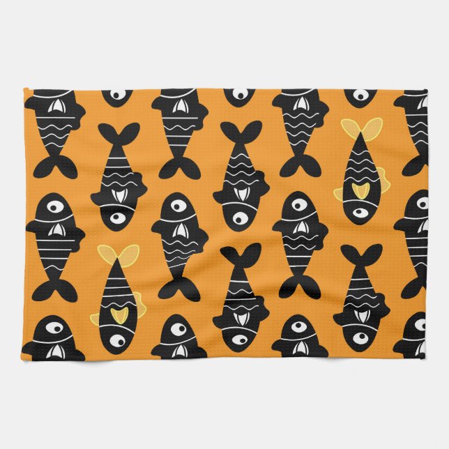 Quirky Seamless Black Fish Pattern Kitchen Towels (Horizontal)