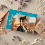 Quirky Stars Aqua Blue Grad Photo Thank You Announcement<br><div class="desc">Quirky and whimsical graduation announcement photo card featuring a photo on the front and 1 on the back. The text says "thank you" in quirky hand writing with stars and confettis. Add the graduate's name,  information,  and message to personalize this card. Aqua blue.</div>