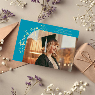 Quirky Stars Aqua Blue Grad Photo Thank You Announcement