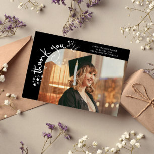 Quirky Stars Black Grad Photo Thank You Announcement