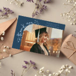 Quirky Stars Navy Blue Grad Photo Thank You Announcement<br><div class="desc">Quirky and whimsical graduation announcement photo card featuring a photo on the front and 1 on the back. The text says "thank you" in quirky hand writing with stars and confettis. Add the graduate's name,  information,  and message to personalize this card. Navy blue.</div>