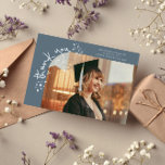 Quirky Stars Slate Blue Grad Photo Thank You Announcement<br><div class="desc">Quirky and whimsical graduation announcement photo card featuring a photo on the front and 1 on the back. The text says "thank you" in quirky hand writing with stars and confettis. Add the graduate's name,  information,  and message to personalize this card. Slate blue.</div>