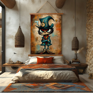 Quirky Steampunk Bitcoin Character Art Hanging Tapestry